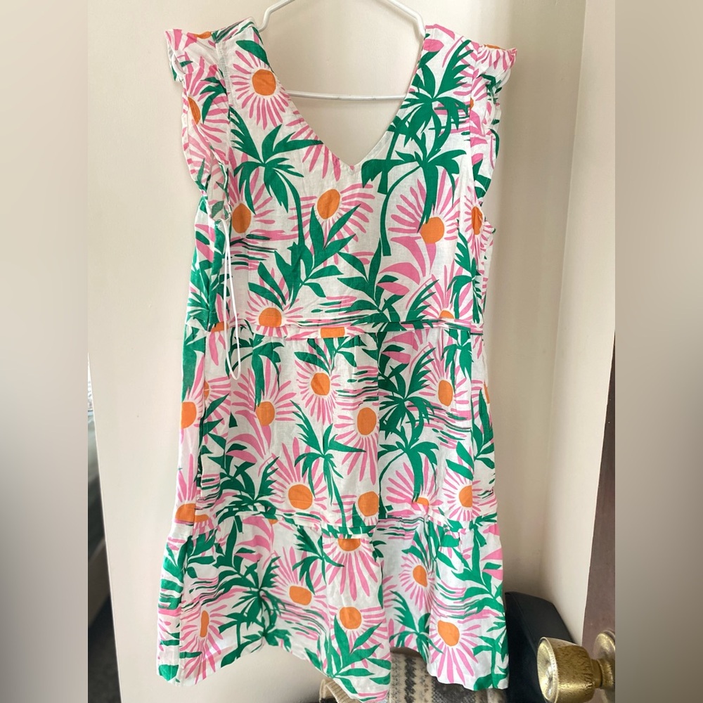 C&C Linen Blend Tropical Palm & Sun Print Sundress Pink, Green & Orange (M)
